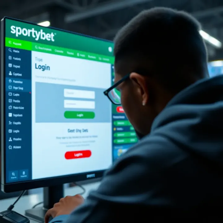 Secure Login Interface for SportyBet Online Casino in Nigeria User securely logging into SportyBet online casino on a laptop with clear login fields and Nigerian flag icon