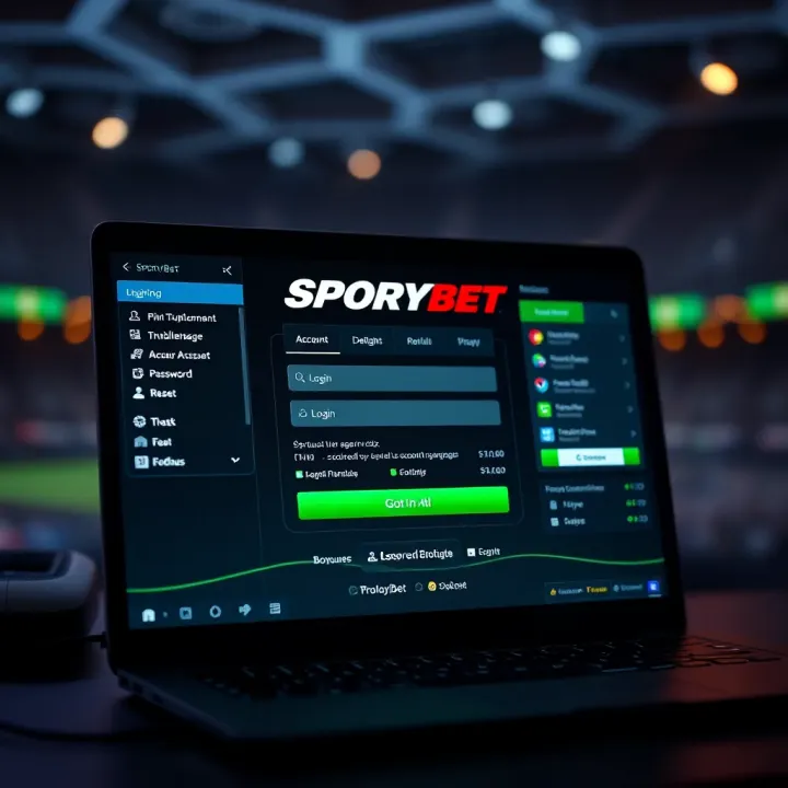 Desktop computer showing SportyBet Nigeria registration form with clear navigation and branding
