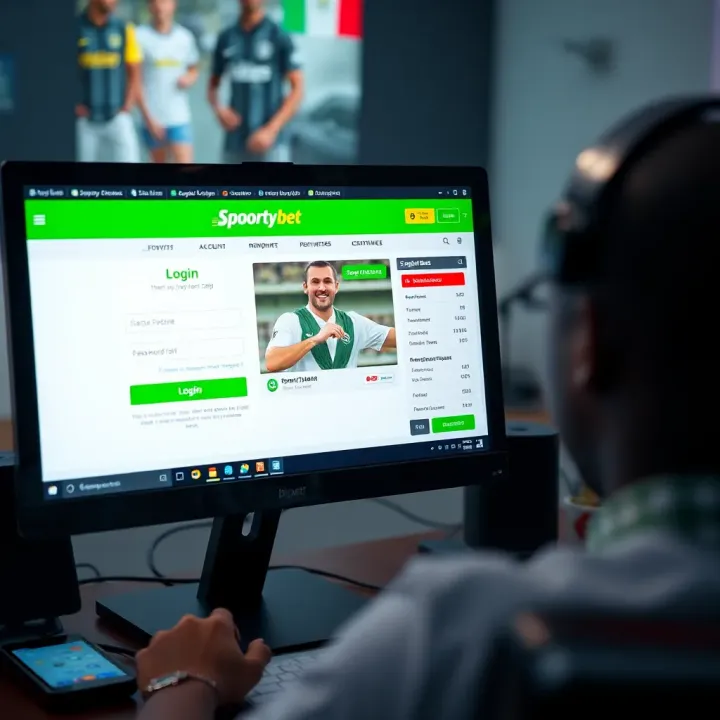 Illustration of a Nigerian player engaging with SportyBet platform on a mobile device in a lively setting